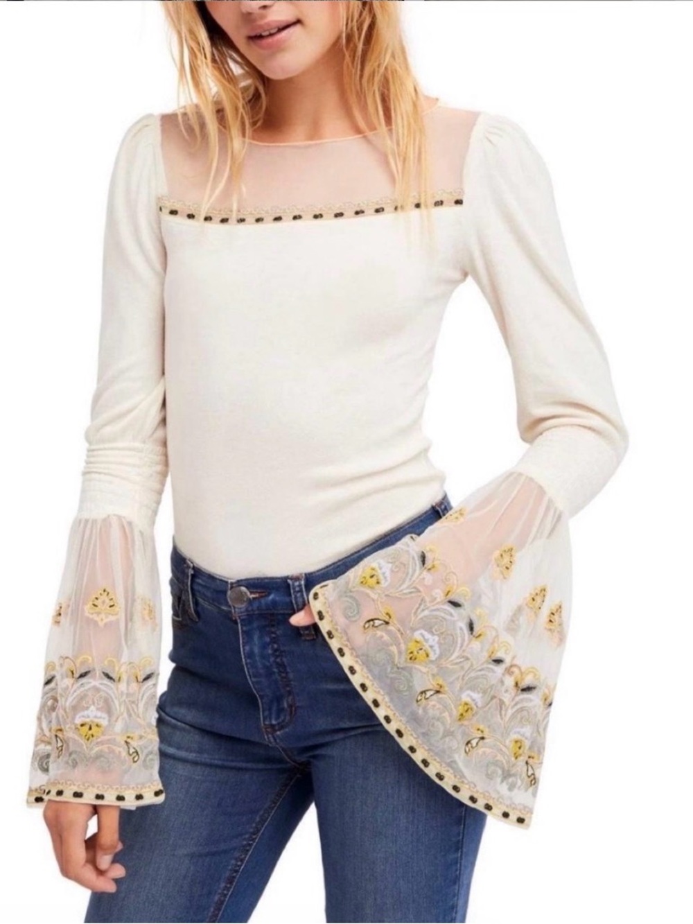 Free People Embroidered Cream Bell-Sleeve Top